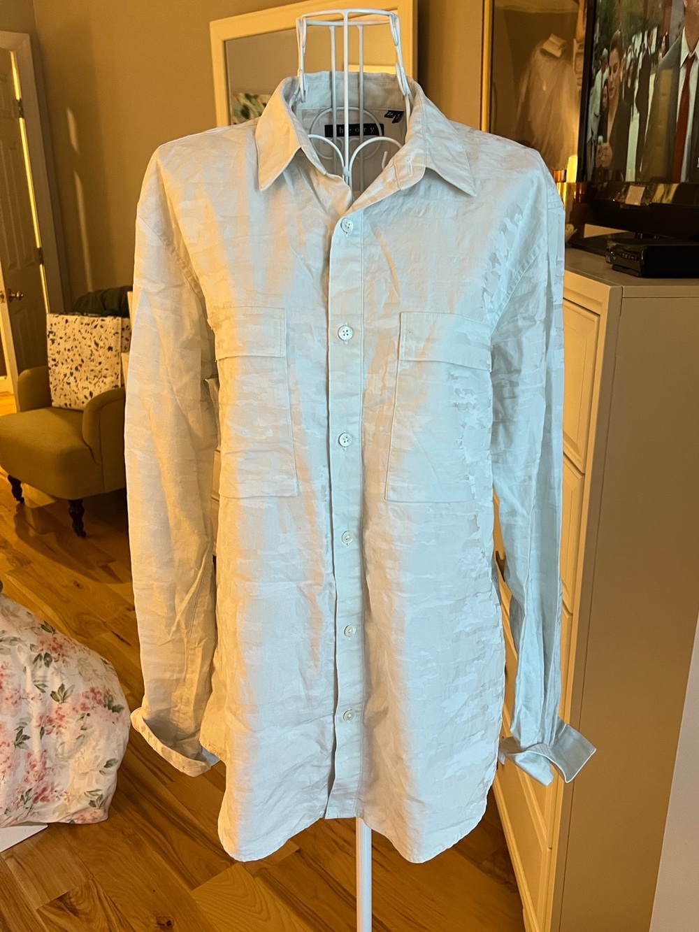 Theory Brushed Camo Pattern White Casual Button Down Cotton Double Pocket Size M